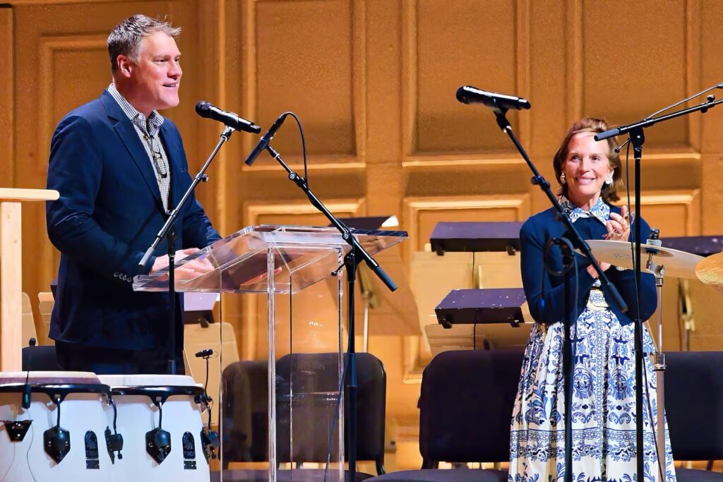 BSO CEO Chad Smith and Board Chair Barbara Hostetter onstage at Symphony Hall. Photo: Boston Globe