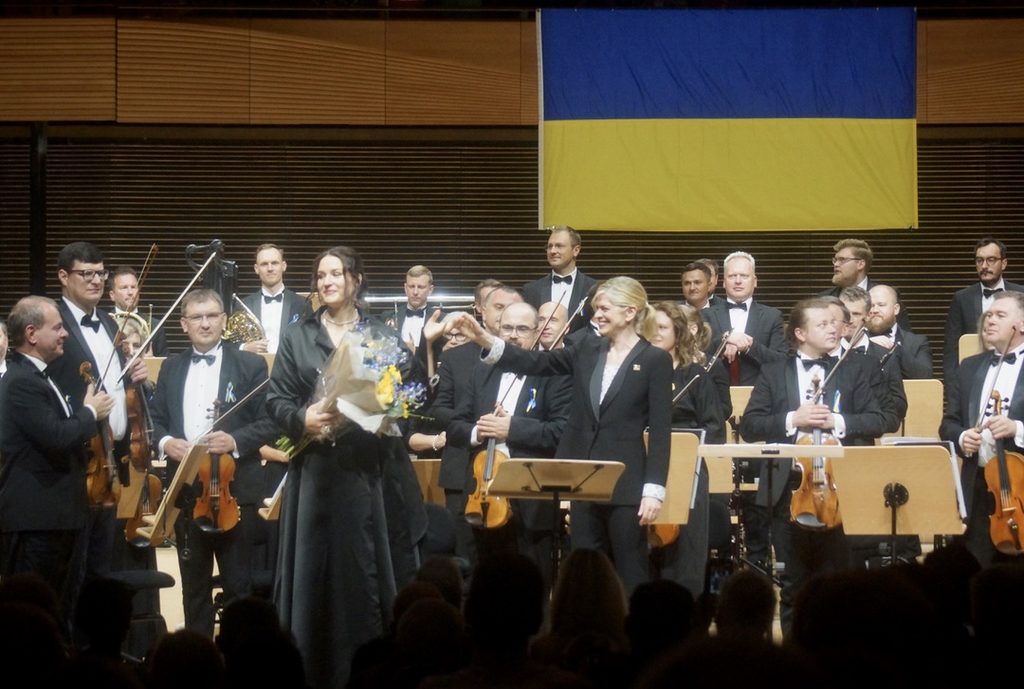 Soprano Lise Davidsen and conductor Keri-Lynn Wilson with the Ukrainian Freedom Orchestra onstage at David Geffen Hall, 8/25/26