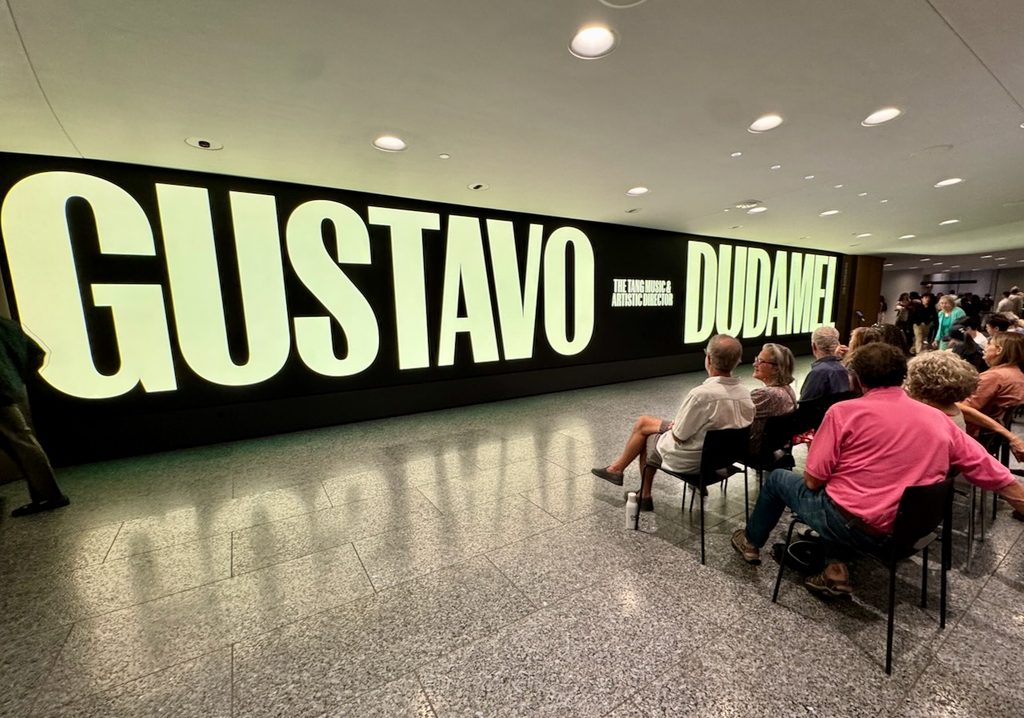 Gustavo Dudamel;s name displayed on the Hauser DIgital Wall of David Geffen Hall
